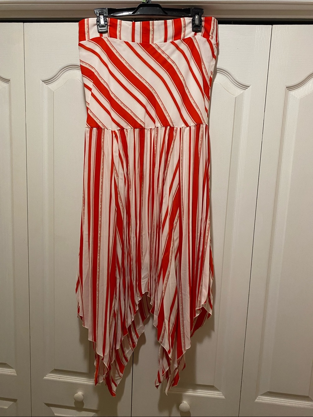 New York & Company Red and White Striped Handkerchief Hem Skirt.
